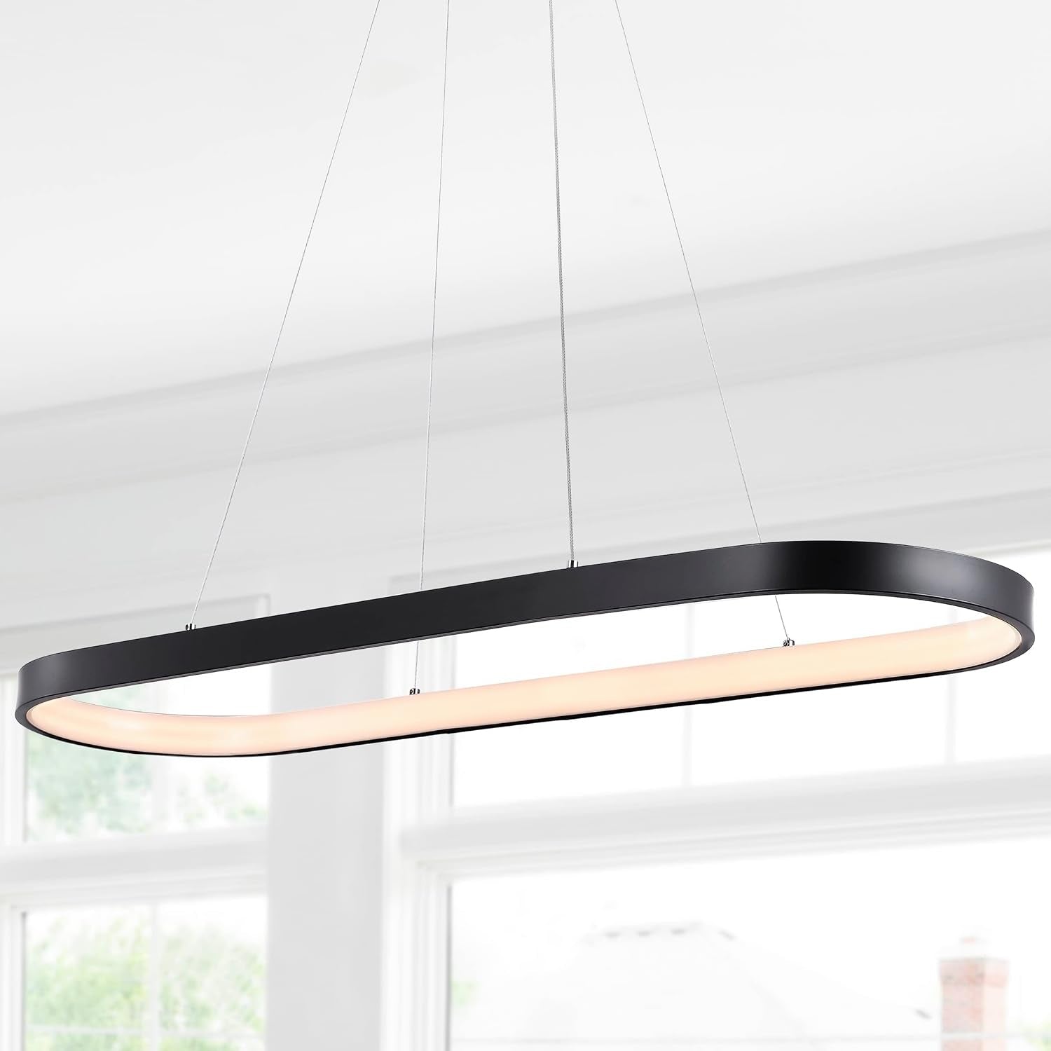 Nolan 1-Light Linear Integrated LED Pendant 38.75" Metal, Black | Modern Bohemian Oval Ring, Island Chandelier for Kitchen or Dining Room, Dimmable, Adjustable Height, 3000K, 37W