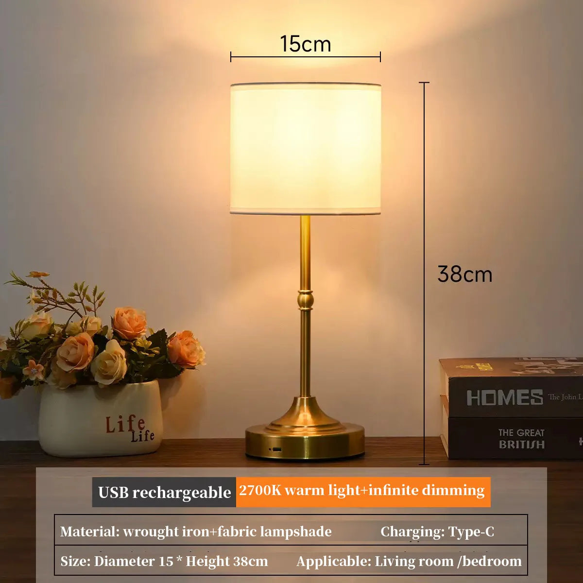Cordless Table Lamps Rechargeable Battery Lamp with 3-Level Dimmable Fabric Touch Bedside Lamps for Bedroom, Living Room